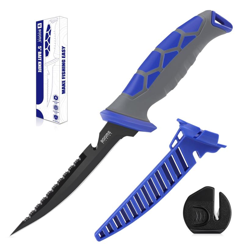 Booms Fishing XW60 フィッシングナイフ ステンレス鋼 すべり止めグリップ 鞘 研ぎ器付き