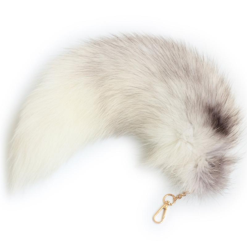 ZhichunLee 本物のキツネ/アライグマのしっぽチャーム ゴールデンキーホルダー付き、コスプレやファッションに最適, ホワイト, Large