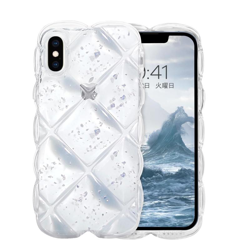 GUAGUA いPhone6~15 ケース クリア ウェーブ 菱形バック うねうね ケース 透明TPU キラキラ 菱形 凸凹 アルミ箔シルバー 可愛い 韓国 人気 スマホケース 6 6s Se 耐衝撃 超軽量 おしゃれ バンパー ス