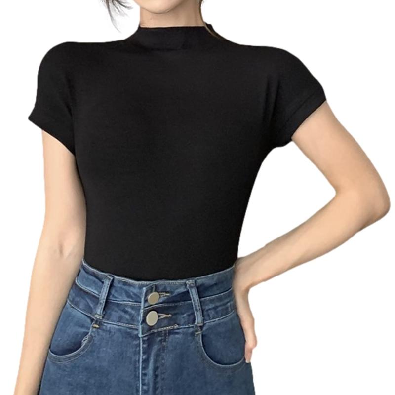 Rakuten - [G-tiamo] [ジーティアモ] 半袖 レディース ハイネック Tシャツ カットソー フレンチスリーブ トップス タートルネック タイト 無地