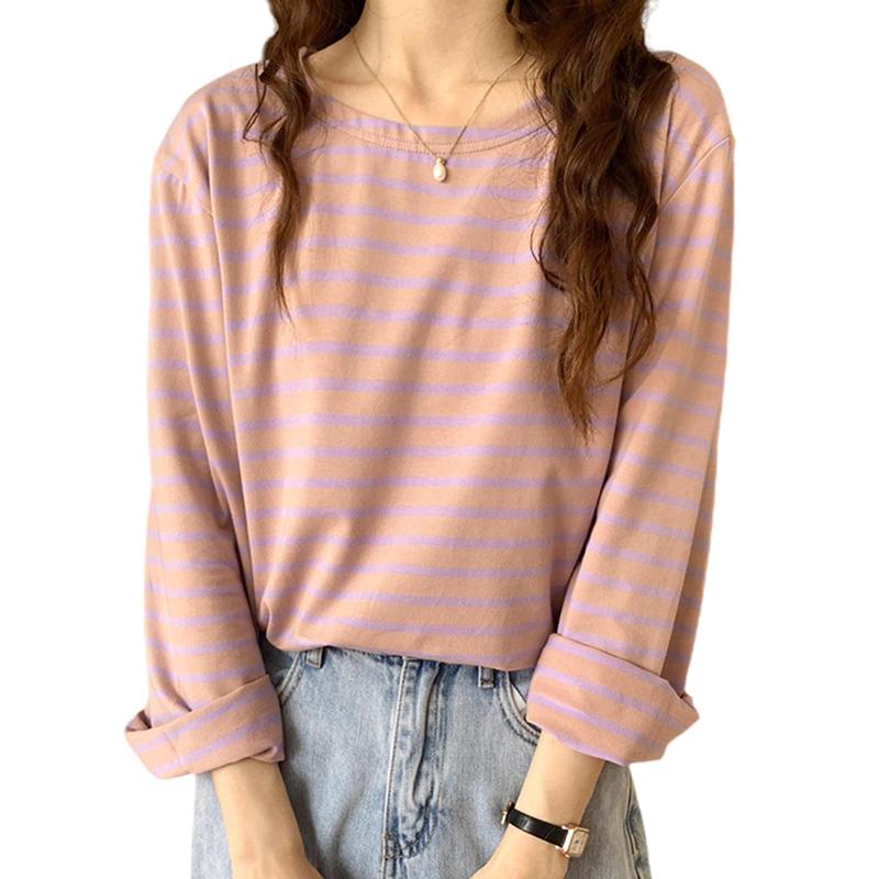 [MEME XTRA] レディース ボーダー カットソー ベーシック Tシャツ 長袖 綿100% 伸縮性 春夏秋 トップス ゆるい 大人可愛い カジュアル インナー 通学 通勤 デイリー 水色 オレンジ ピンク ブルー