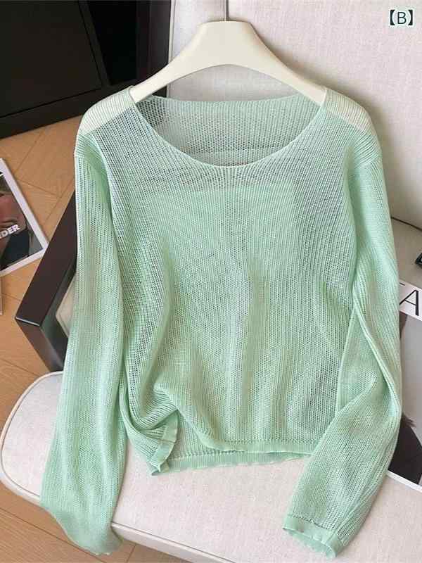 トップス 镂空 针织衫 レディース 薄手 長袖Tシャツ 透け感 快適 軽量 通気性 春夏用 astershop-10513272 アスターショップ サンプル画像3