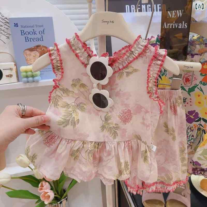 女の子 背心 セット 無袖 トップス 短パン 2点セット キッズ 夏服 春夏 秋 薄手 柔軟 綿紬 ポリエステル 95% 花柄 抽象 カード アルファベット ピンク 赤 黄 花 ブルー フラワー パープル ラベンダー かわいい 部屋着 日常 女児 3-8