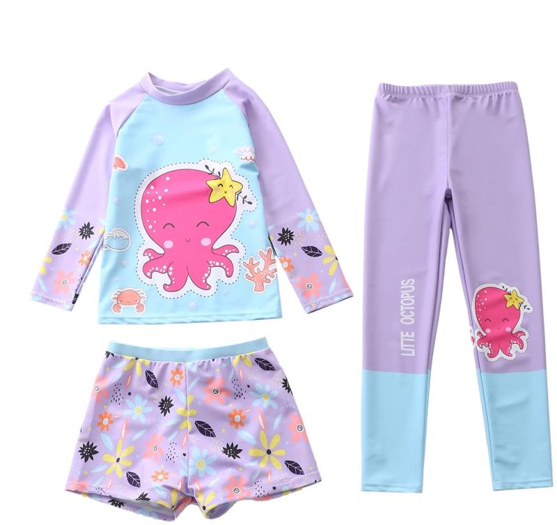 Rakuten - [Youngfull] 可愛い 水着 キッズ 女の子 セパレート 長袖 ラッシュガード レギンス ショートパンツ 3点セット ガールズ スイムウェア UVカット 速乾 保育園用 小学生 水泳 海水浴 海辺 温泉