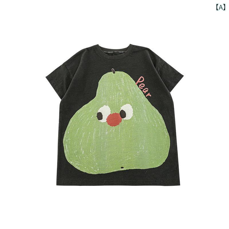 女の子 Tシャツ 短袖 丸首 綿100% 軽量 柔らかい ゆったり 休闲 夏用 フルーツ柄 プリント カートゥーン 灰 ピンク 黒 かわいい トップス 子供服 女児 1-3歳 3-8歳 通気性 日常使い 遊び着