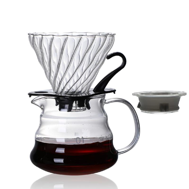 FGIUKCコーヒーサーバー耐熱ガラスプラスチックラックコーヒードリッパー360ml目盛付き1~2人用コーヒードリップ器具電子レンジ可フタ付きガラス製ハンドルハンドドリップコーヒーサーバ…