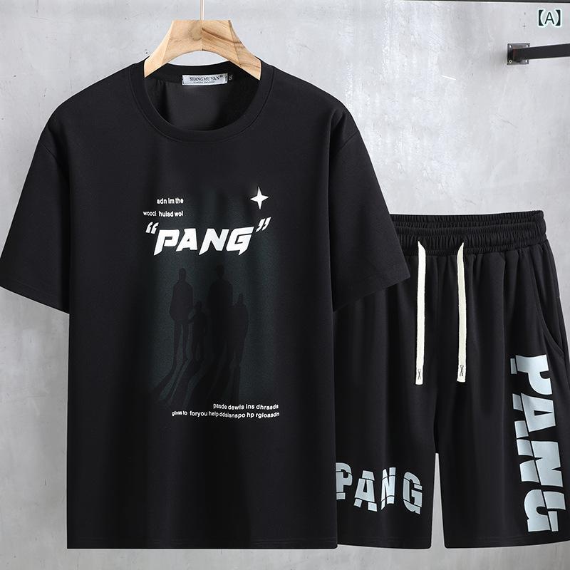 ・スタイル: 簡約・厚さ: 薄款・パンツ丈: 5分丈/中丈・上衣スタイル: Tシャツ・袖丈: 短袖・フード: なし・素材名: 化纤類混紡・主素材: ポリエステル100%・シーン: 休闲・カラー展開: ブラックレター、ブラック竹葉、グレー竹葉、グリーンバ葉・サイズ展開: 4XL、5XL、6XL、7XL、8XL、9XL、10XL、11XL