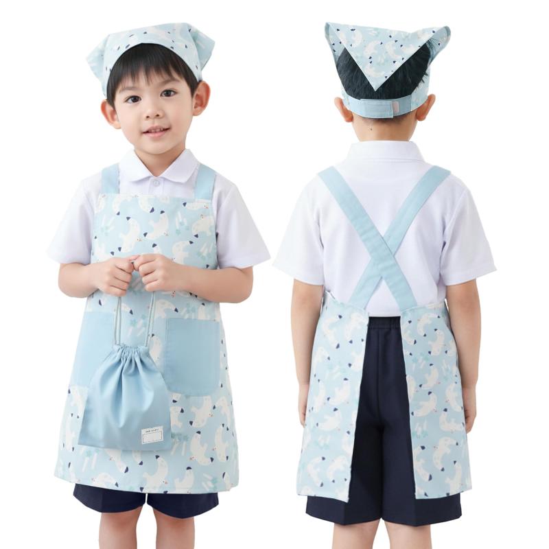 [Poweforest] エプロン 子供 キッズ 三角巾 巾着袋 3点セット 男の子 女の子 小学生 中学生 肩掛け バッククロス ポケット付き おしゃれ 可愛い 着脱簡単(100cm～120cm/120cm～140cm/140cm~160cm)
