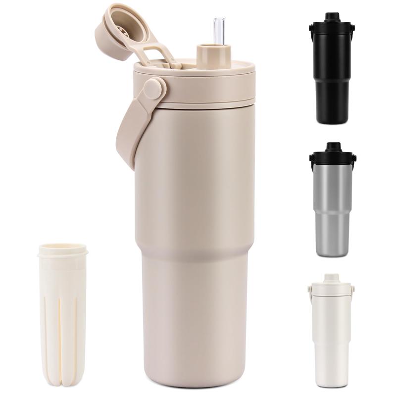 タンブラー 735ML ストロー付き水筒 セラミック タンブラー 蓋付き 大容量 直飲み 真空断熱 保温 保冷 シームレス ボトル 水筒 食洗機対応 取っ手付き 持ち運び 車載/オフィス/アウトドア/キ