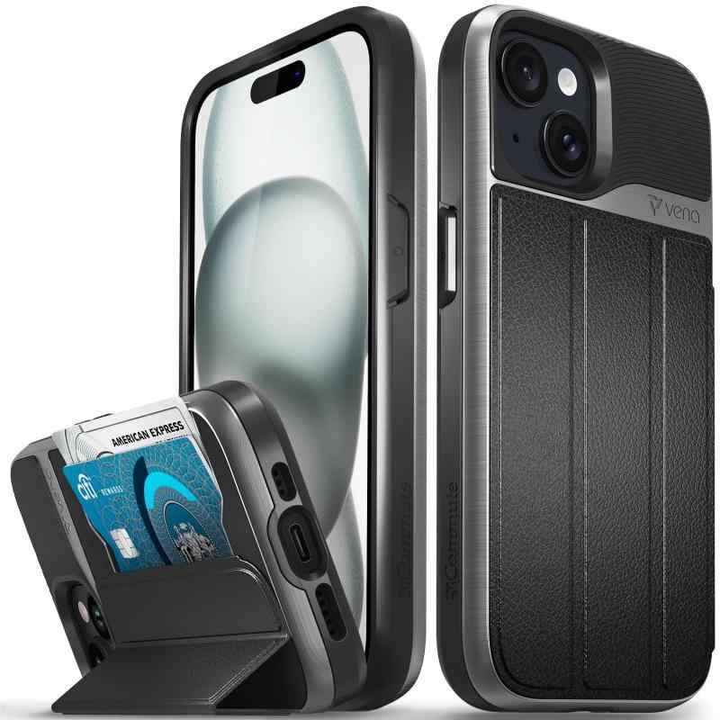 Rakuten - VENA vCommute ウォレットケース Apple iPhone 15 (6.1 インチ) 対応 (軍用グレード落下保護) フリップレザーカバー カードスロットホルダー キックスタンド付き - スペースグレー/ブラック
