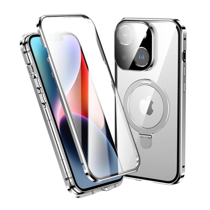 MagSafe対応 iPhone 14 15 Plus ケース 全面カバー リング付き スタンド機能 一体型レンズ保護 マグネット式 アイフォン カバー 両面ケース アルミバンパー 強化ガラス 透明 クリア