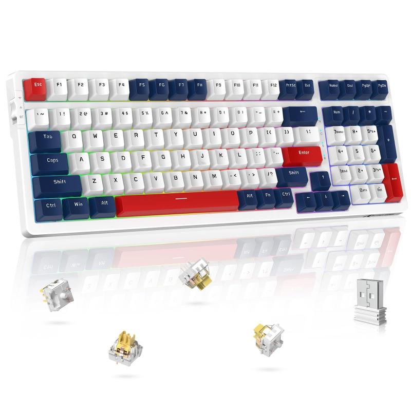 Mambasnake K98 メカニカルキーボード ワイヤレスBluetooth/無線2.4G/有線Type-C ゲーミングキーボード ホットスワップ - 3ピン/5ピン対応 イエロー軸/赤軸 100キー 3種PBT混色のキーキャップ カスタム