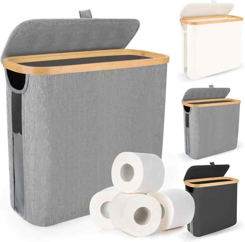 樂天商城 - トイレ 収納 隙間収納 トイレットペーパー ボックス 26L フタ付き 収納ケース 竹製ハンドル 折りたたみ 透明窓付き スリム収納ボックス 12ロール収納可能 幅45奥行15高さ35cm