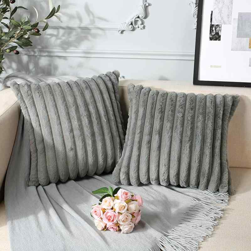 Soleebee クッションカバー ファー フェイクファー 45×45cm 2枚セット ベルベット ふわふわ もふもふ 柔らかい もこもこ 北欧 かわいい おしゃれ ストライプ 高級な装飾枕カバー ソファ背当て astershop-10752864 アスターショップ サンプル画像2