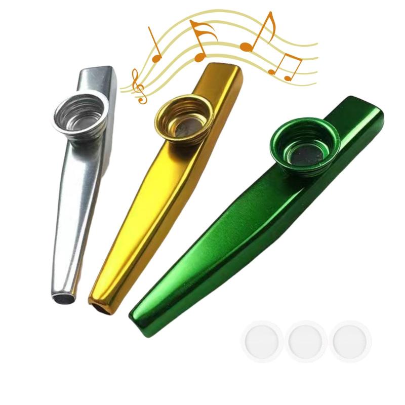 SensaBliss 3-Pack Metal Kazoo Instruments with 3 Vibrating Membranes - Perfect for Music Lovers (Green, Gold, Silver)