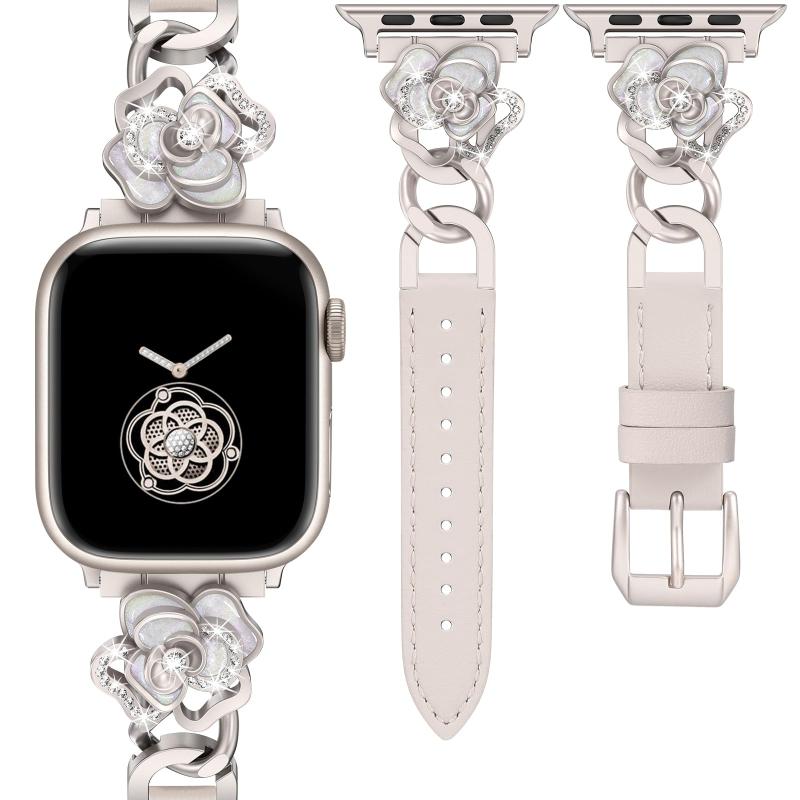 コンパチブル Apple Watchバンド アップルウォッチベルト レザー ブリンブリン ダイヤモンド レディース バンド iWatch Ultra2/S10/9/8/7/6/5/4/SE2/SEに対応 かわいいローズフラワー柄 キラキラ 蒸れな