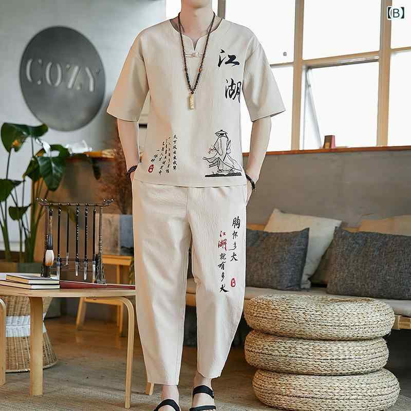 アスターショップのメンズ カジュアルセットアップ 刺繍Tシャツ 九分パンツ｜アングル2