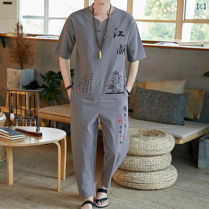 アスターショップのメンズ カジュアルセットアップ 刺繍Tシャツ 九分パンツ｜アングル3
