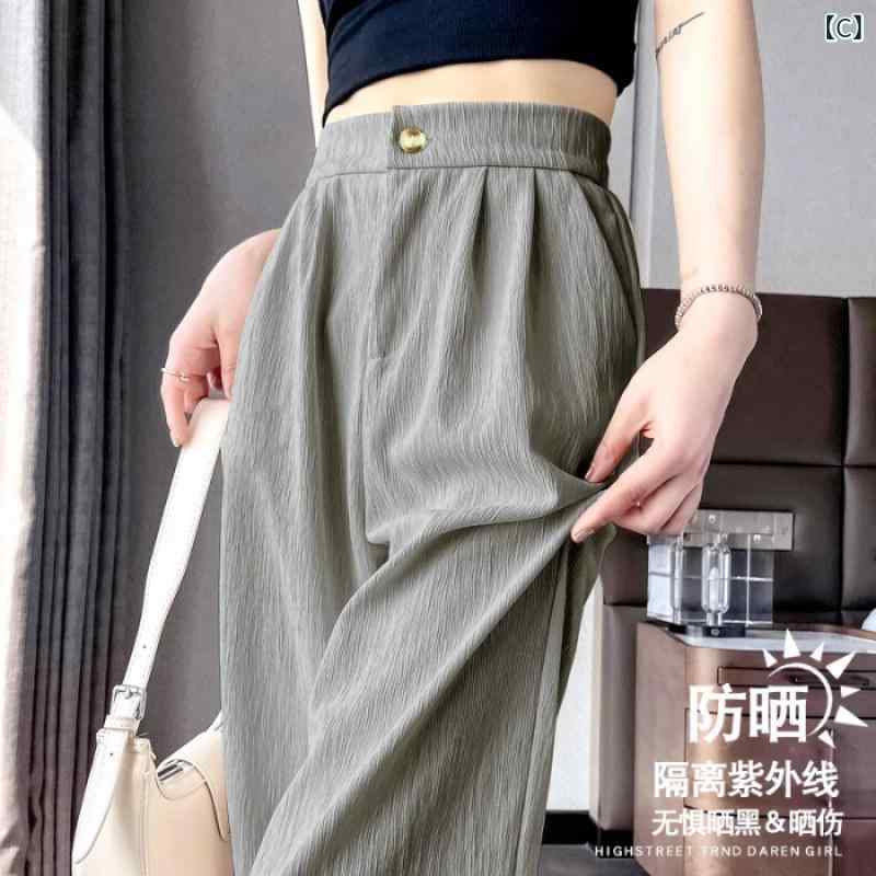 アスターショップのレディース クロップドパンツ 夏用 薄手 高腰 スリム 女性用 春夏 新款 ストレート ワイドレッグ 気質 通勤 快適 休闲 ポケット デザイン 長丈 無弾性 ポリエステル 70-80% 免烫 加工 ブラック ホワイト グレーグリーン S-XL 2XL｜アングル3