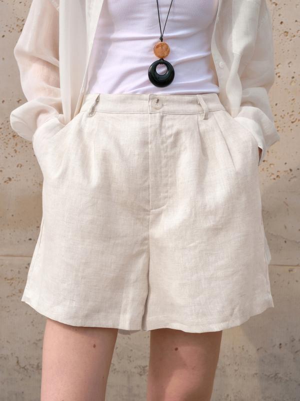レディース ショートパンツ 麻 100%リネン 高級感 通勤用 ハイウエスト 白色 麻色 咖色 直筒 切り替え 口袋 無弾力 中厚 涼感 親肌 気質 優雅 松腰 抽褶 日常 外出 旅行 街歩き 約会 アウトドア 夏