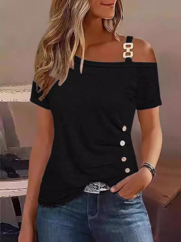 Tシャツ レディース 短袖 金属ボタン トップス 一字領 修身型 露肩 3D効果 磨き加工 気質通勤 都市風 セクシー セットアップ 接触冷感 吸湿速乾 伸縮性 再生繊維 ポリエステル アクリル ポリウレタン 黒 ピンク ブルー 夏 春夏