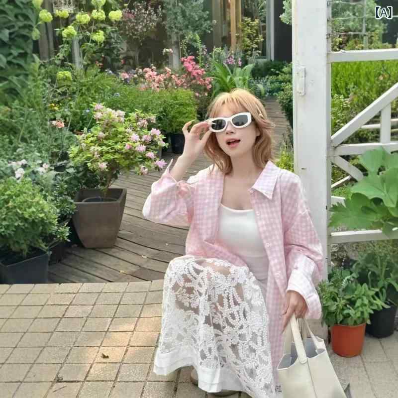アスターショップのレディース シャツ 春夏 ピンク ブルー 格子柄 開襟 長袖 ポロカラ ボタン ゆったり ミドル丈 ポリエステル 薄手 防UV 涼感 デザイン 爽やか カジュアル 日常使い 快適 軽量 通勤 外出｜アングル2