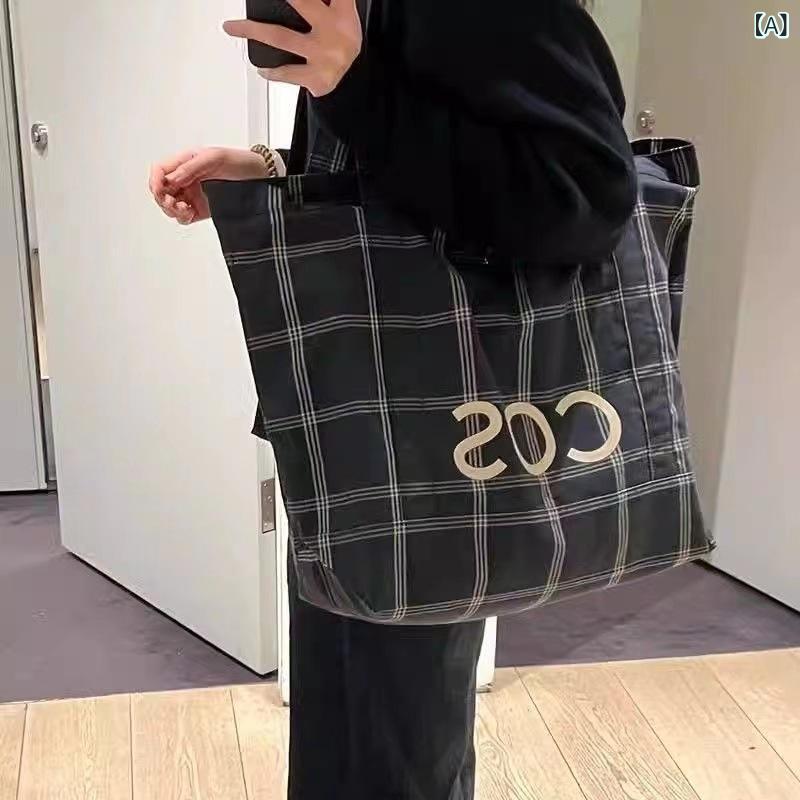 トートバッグ ナイロン キャンバス風 中型 斜めがけ 手提げ 大容量 通勤 ショッピング 深藍 ストライプ 無地 マット加工 横型 方形 ジッパー ソフト オープン外ポケット ダブルショルダーストラップ 日常使い 清新 甘め ポリエステル内張り ジップ内
