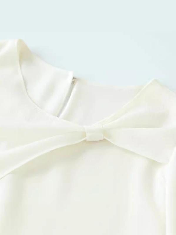 Tシャツ レディース 短袖 丸首 白色 涤纶 ポリエステル ワイド ゆったり トップス 気質 通勤 優雅 夏 蝶結び 装飾 普通丈 セットアップ 風