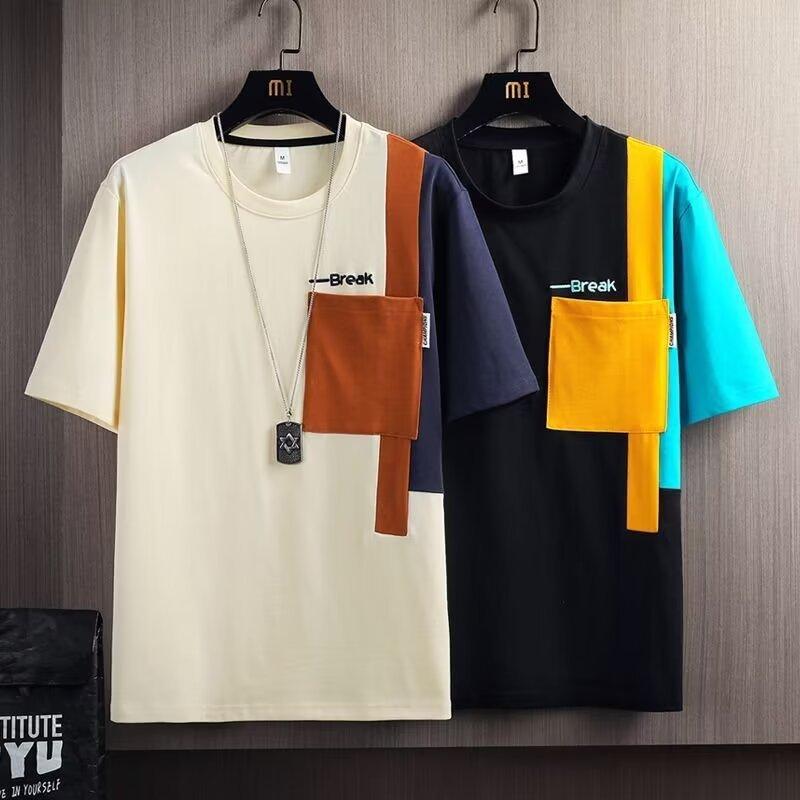 Tシャツ メンズ 半袖 トップス 港風 切り替え 配色 カジュアル ゆるシルエット 快適 デザインTシャツ 無地 ストリート系 春夏