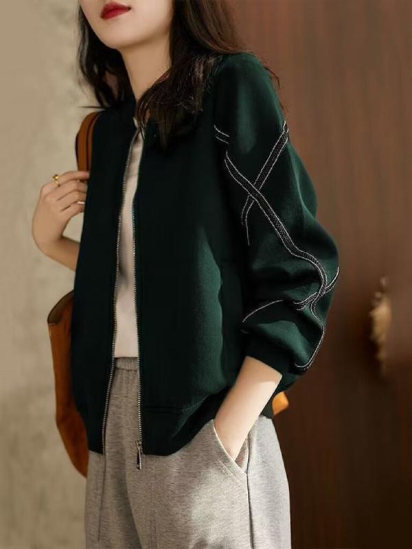 レディース ジャケット 棒球服 風 黒 緑 酒紅 長袖 立領 ラチェット 薄手 涤纶 純色 ワイド 緩い 切り替え 縫製 シンプル 韓国風 日常 快適 長さ 普通 50cm 以上 65cm 以下