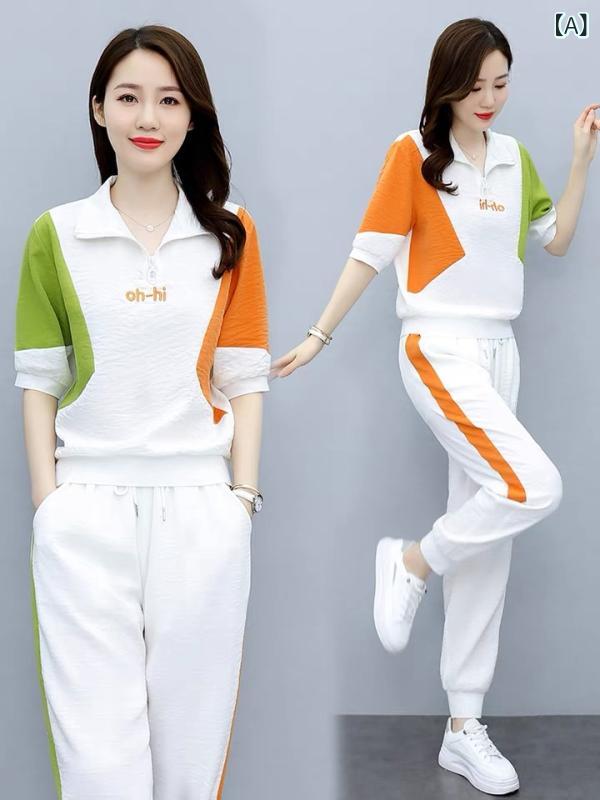 ・カテゴリ: Tシャツ・スタイル: カジュアル・主な素材: ポリエステル・袖丈: 五分袖・柄: 字母・カラー展開: 白色、黒色、藍色・サイズ展開: M、L、XL、XXL、3XL、4XL・セット内容: トップス＆パンツ・対象: 女性