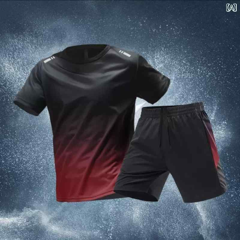 ・カテゴリ: 男式休闲套装・スタイル: 運動・厚み: 普通・パンツ丈: 短パン・トップスタイル: Tシャツ・袖丈: 短袖・フード: なし・主な素材: ポリエステル100%・適用シーン: 運動・ネックライン: クルーネック・カラー展開: 赤、グレー、青、緑・サイズ展開: M、L、XL、2XL、3XL、4XL、5XL