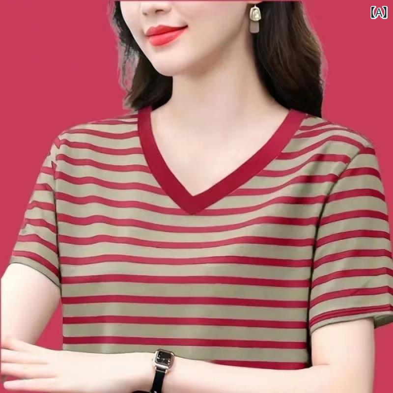 ママ服 トップス 短袖 Tシャツ 夏 条紋 柄 赤 紺 涼しい ポリエステル 素材 ゆったり シルエット 気質 通勤 スタイル 都市風 休闲 洋気 減齢 显瘦 打底 衫 撞色 流行 短袖 袖長 普通 衣長 宽松 版型