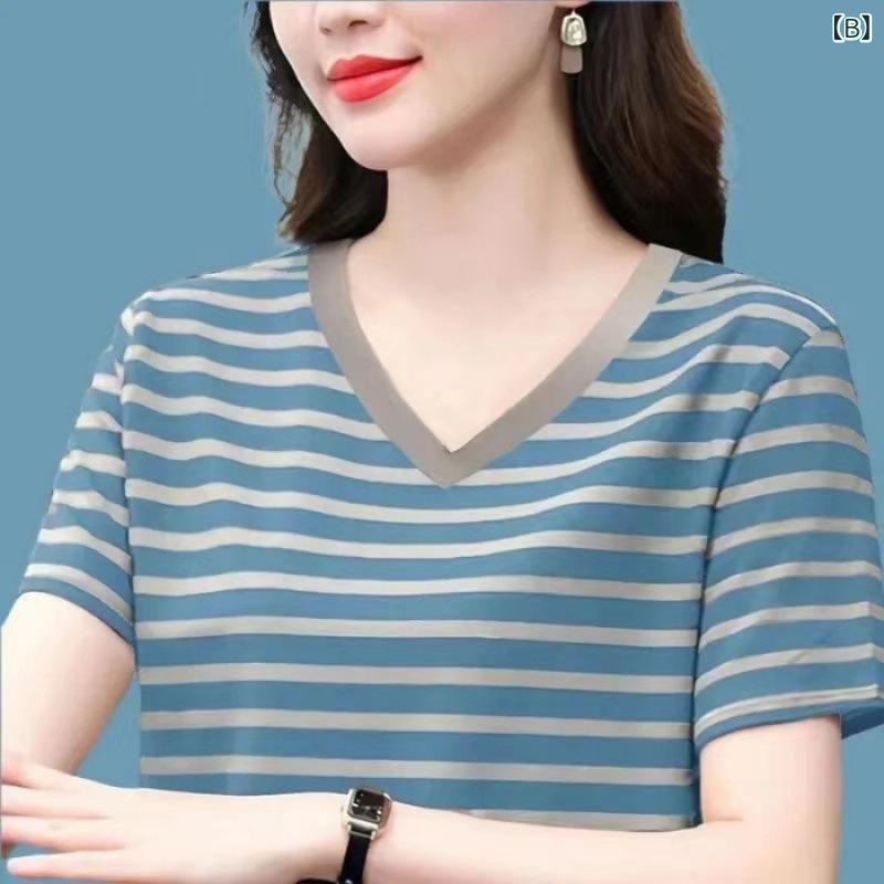 アスターショップのママ服 トップス 短袖 Tシャツ 夏 条紋 柄 赤 紺 涼しい ポリエステル 素材 ゆったり シルエット 気質 通勤 スタイル 都市風 休闲 洋気 減齢 显瘦 打底 衫 撞色 流行 短袖 袖長 普通 衣長 宽松 版型｜アングル2