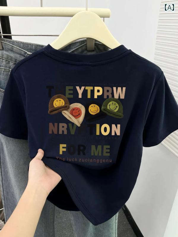 Tシャツ レディース 短袖 丸首 直筒型 短丈 コットン 混紡 ポリエステル 95%以上 プリント 漫画風 カードゥ 柄 夏 ネイビー 白 黒 ブラウン ライトグレー 欧米風 復古 アメリカン スタイル 私服 御姐風 シルク加工 astershop-10307724 アスターショップ パッケージ画像