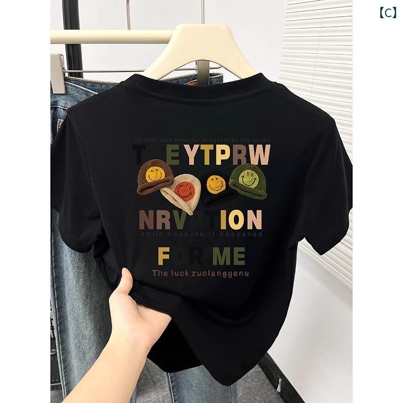 Tシャツ レディース 短袖 丸首 直筒型 短丈 コットン 混紡 ポリエステル 95%以上 プリント 漫画風 カードゥ 柄 夏 ネイビー 白 黒 ブラウン ライトグレー 欧米風 復古 アメリカン スタイル 私服 御姐風 シルク加工 astershop-10307724 アスターショップ サンプル画像3