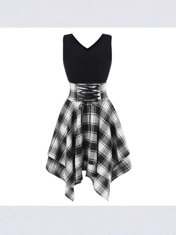 Women's One-Piece Dress for Autumn and Spring: Striped, Plaid, High-Waisted, Frilled, Ribbon, Round Neck, Half-Sleeve, Medium Length (Knee-Length/Below-Knee), Midi Dress, Suitable for Commuting, Office, Casual, Elegant, Sophisticated, Clean, White, Red, Green