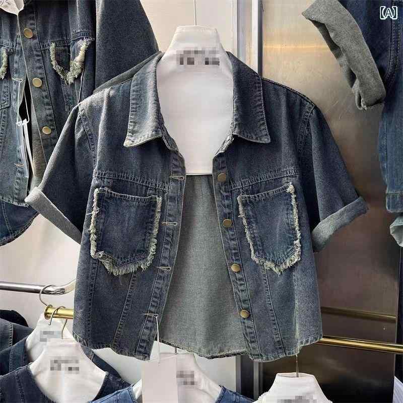 アスターショップのシャツ レディース 半袖 デニムシャツ デニム ジャケット アウター トップス 羽織り ショート丈 クロップド丈 ポケット 切り替え 襟付き POLO領 ボタン レトロ カジュアル ゆったり 快適 普段使い 通学 デイリー ブルー 青 綿｜アングル2
