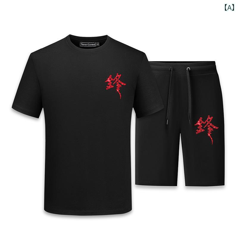 ・カテゴリ: 男式休闲套装・スタイル: 街头・厚み: 普通・パンツ丈: 短裤・上衣スタイル: Tシャツ・袖丈: 短袖・フード: なし・主な素材: 棉・主素材成分: 棉64%・適用シーン: 日常・ネックライン: 圆领・カラー展開: 黒色、白色・サイズ展開: M、L、XL、XXL、XXXL、XXXXL、5XL、6XL