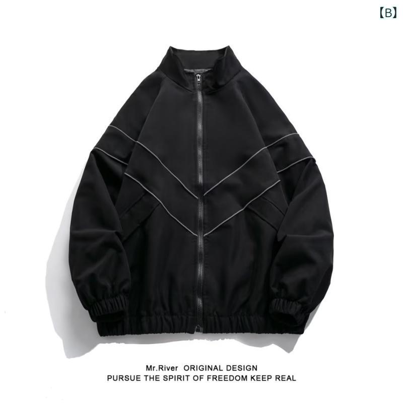 アスターショップのジャケット メンズ レディース 防風 耐摩耗 合体型 立領 長袖 直下摆 側縫いポケット 嵌線 化繊混紡 ポリエステル95% 純色 ブルー 黒 オールシーズン 青春流行 港風 休闲 外穿 青少年 成人｜アングル2