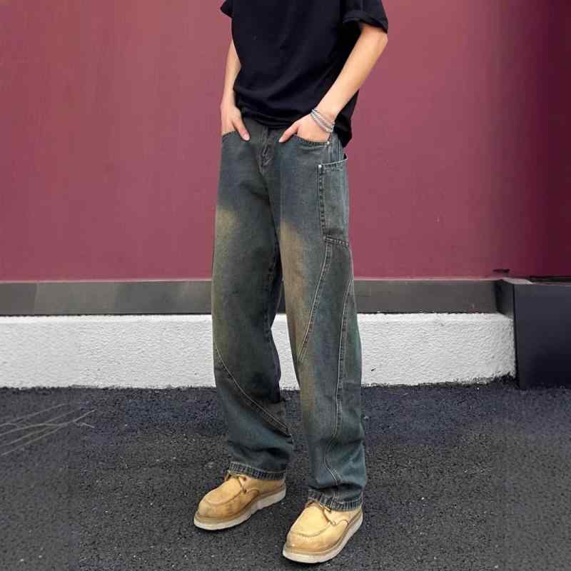 メンズ 牛仔パンツ 復古 弯刀 デニムパンツ 春秋 直筒 微喇 トレンド ストリート 休闲 ワイド ロングパンツ 中腰 ジッパー 綿 コットン 加工 洗い加工 明線ステッチ 無弾性 黒 黄色 青 青少年 普段使い カジュアルスタイル 軽量 通勤 普段着