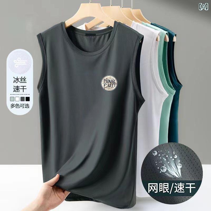 タンクトップ メンズ 接触冷感 ノースリーブ Tシャツ カットソー トップス 男性用 運動着 スポーツウェア ランニング 吸汗速乾 メッシュ 通気性 薄手 ゆったり 大きいサイズ 英字 ロゴ プリント クルーネック カジュアル 深灰 浅灰 黒