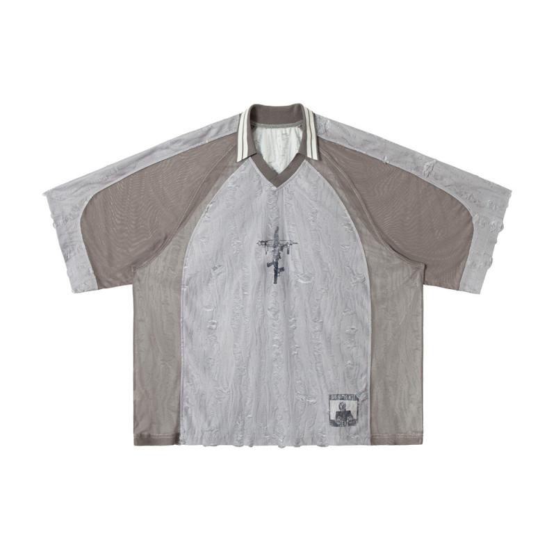 メンズ Tシャツ 短袖 翻領 クラシック アメリカン レトロ デザイン 撞色 加工 ゆったり シルエット 木目グレー 吸湿速乾 ポリエステル 混紡 素材 夏 日常 着用 ロスコット 裾 免烫 処理 250g-300g 重量 青年 向け セット ヘッド ス