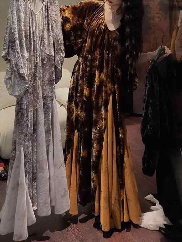 ワンピース 銀白 黒白 黒金 3D 立体 花柄 切り替え Aライン Vネック 長袖 中腰 長丈 スカート 通勤 スタイル 気質 春季 2025