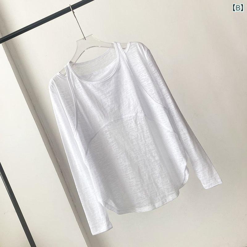 アスターショップのレディース Tシャツ 長袖 夏 防晒 透気 速乾 運動 フィットネス ヨガ コットン混紡 ポリエステル 綿 ワイドシルエット 及臀丈 セットインスリーブ 套頭 メロン赤 白色 黒 淡紫 フィットネス美体 日常使い｜アングル3
