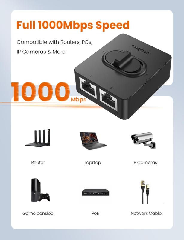 アスターショップのMOGOOD 2ポート lan 分配器 1000Mbps スライドスイッチ 双方向1入力2出力ネットワークスプリッタ、スイッチングハブ、プラグアンドプレイ、電源不要、物理ポート絶縁 高速互換性のあるノートパ｜アングル2