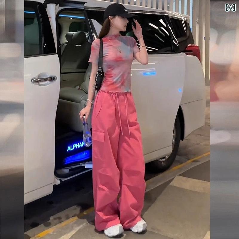 アスターショップのカジュアルスーツ セットアップ レディース 半袖 ショートスリーブ トップス プルオーバー ワークパンツ カーゴパンツ 2点セット ボトムス 長ズボン 絞り染め タイダイ 高級感 スポーティー 運動着 部屋着 普段使い ピンク｜アングル2