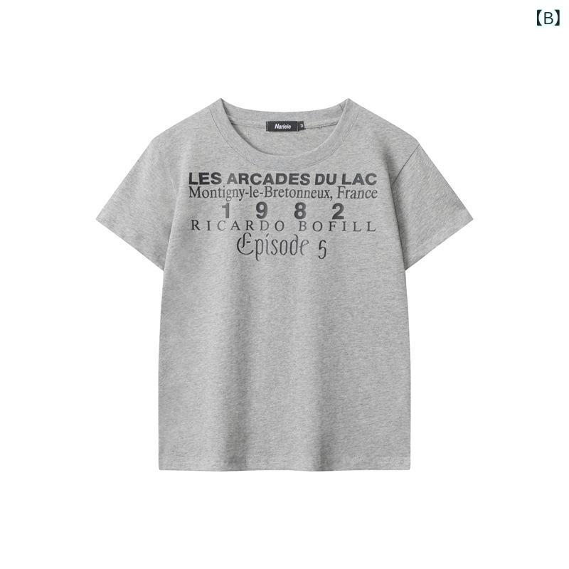Tシャツ レディース 短袖 丸首 トップス コットン 素材 プリント 柄 文字柄 数字柄 ゆったり シルエット 普通丈 50-65cm 通常袖 気質 通勤 スタイル 潮 ストリート ファッション 白色 深花灰 春季 2025年 復古 アメリカン 風 肩 astershop-10355118 アスターショップ サンプル画像2