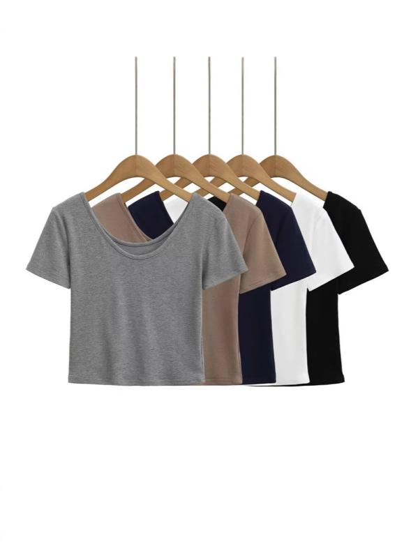 Tシャツ レディース カットソー トップス 半袖 ショート丈 ヘソ出し 2way 前後着用 伸縮性 ストレッチ タイト フィット セクシー ギャル服 カジュアル インナー 無地 シンプル Uネック ブラック ホワイト グレー