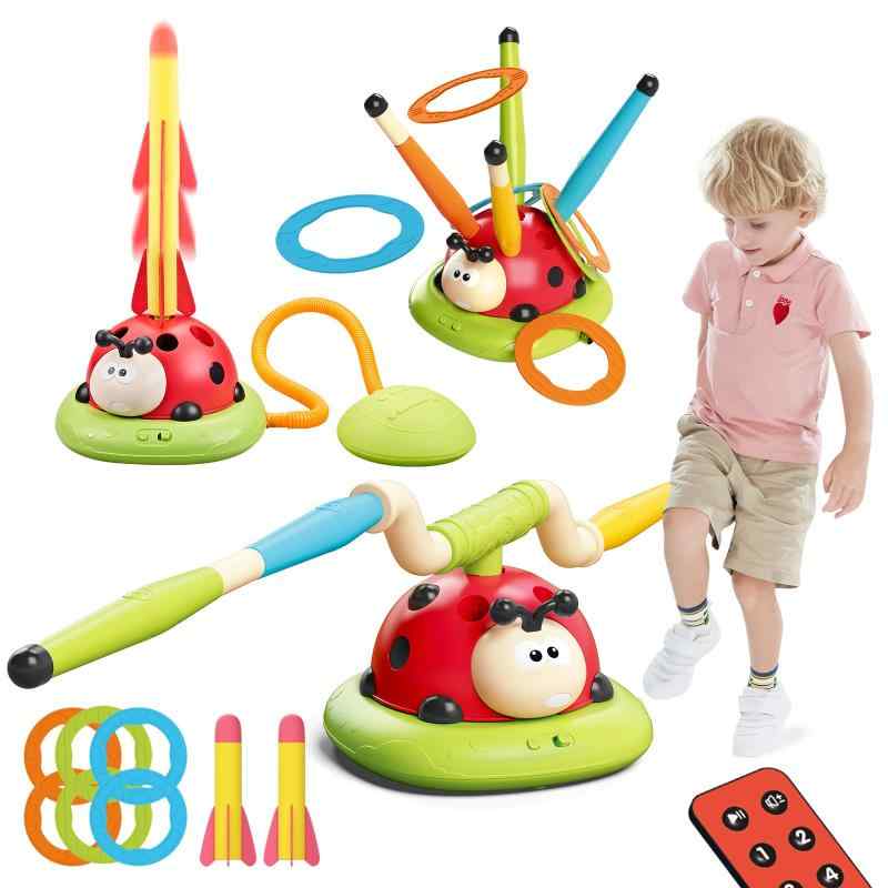 MAVEKID 電動縄跳び 子供 幼児 キャンプ 遊び ロケットランチャー 輪投げ おもちゃ 輪投げセット てんとう虫 玩具 音楽付き 外遊びグッズ 室内 運動 公園遊びグッズ ファミリースポーツ ゲー
